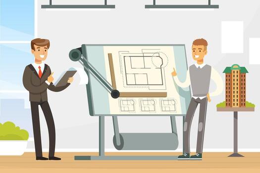 Man Architect Showing Paper Blueprint or Draft of Building Design Illustration vector