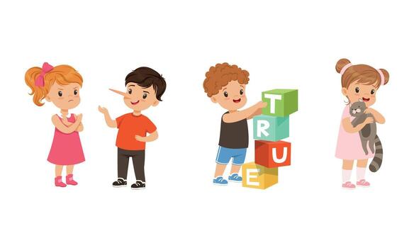 Kind and Fair Little Girl and Boy Character Playing with Toy Blocks and Denying Lie Illustration Set vector