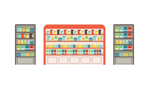 Merchandise Shelf and Vending Machine as Supermarket Grocery Store with Products Assortment Set vector