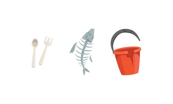 Garbage and Waste with Broken Pail and Fish Bone Set vector