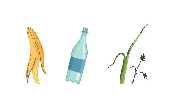 Garbage and Waste with Plastic Bottle and Banana Peel Set vector