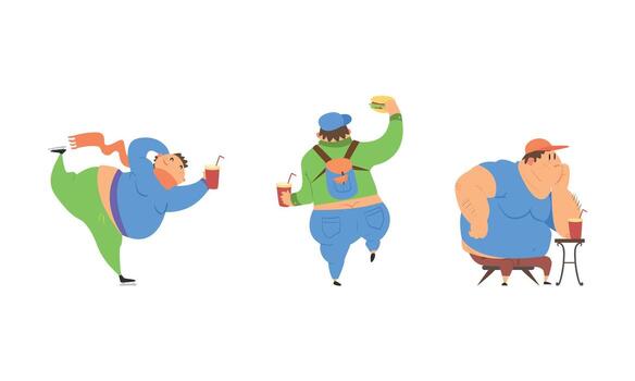 Funny Man Character with Fat Belly Drinking Soda Ice Skating and Walking with Backpack Set vector
