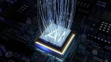 ai, artificiell intelligens begrepp - dator chip och blinkning fiberoptisk kablar video