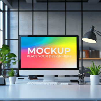 moderno spazio di lavoro modello del desktop computer con colorato Schermo psd