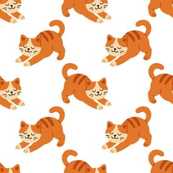 sin costura modelo con gracioso rojo gatos extensión en el piso. juguetón gatitos acostado abajo en relajado poses en blanco antecedentes. modelo alegre diseño para niños y mascota relacionado temas vector