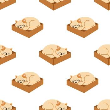 seamless pattern with beige sleeping kittens in cardboard boxes. Peaceful pattern design with relaxed cartoon cats on white background. Seamless print for cozy and pet themes. vector