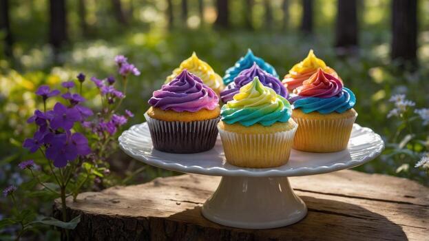 Colorful cupcakes with vibrant frosting displayed on a rustic stand in a lush forest setting photo