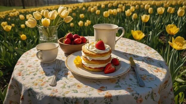 A delightful breakfast scene featuring pancakes topped with strawberries and cream in a tulip field photo