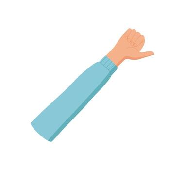 Cartoon hand gesture showing number one. Raised palm with index finger up and arm in blue sleeve creates simple counting pose. Flat style illustration isolated on white background. Suitable for vector