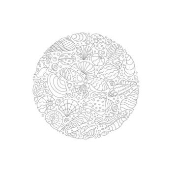 Round underwater sticker composition of seashells in a delicate outline style. Marine mollusk shells and swirls create a circle concept. Ocean life and undersea doodle design for aquatic patterns. vector