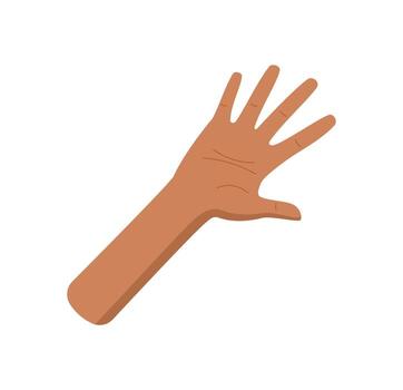 Flat cartoon hand with open palm showing five fingers. Bare human arm raised in a counting gesture expressing the number 5. Isolated, ideal for educational concepts or math use. vector