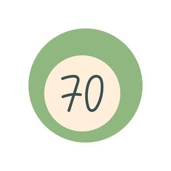 Flat bingo game ball with number 70. Lotto table piece with a circular border and bold numeric design. Playful and fun template for boardgame entertainment, ideal for leisure family activities or vector