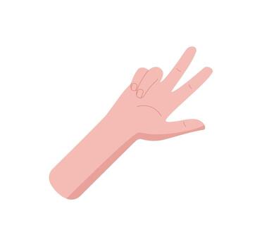Flat style hand showing the number three sticker. Palm with three fingers raised and thumb folded down. Bare human hand gesture useful for math, counting, or education. vector