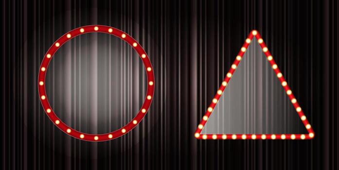 Two illuminated shapes, one circular and one triangular, are set against a dark curtain backdrop. These marquee lights suggest a festive atmosphere ideal for events or performances vector