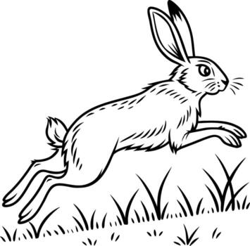 A detailed line drawing of a running rabbit in silhouette vector