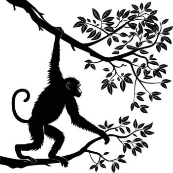 Monkey hanging from a tree branch in a striking silhouette vector
