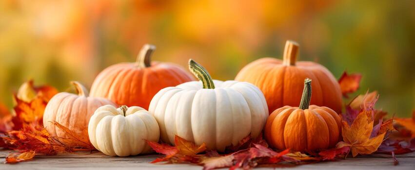 Pumpkins surrounded by leaves in autumn photo