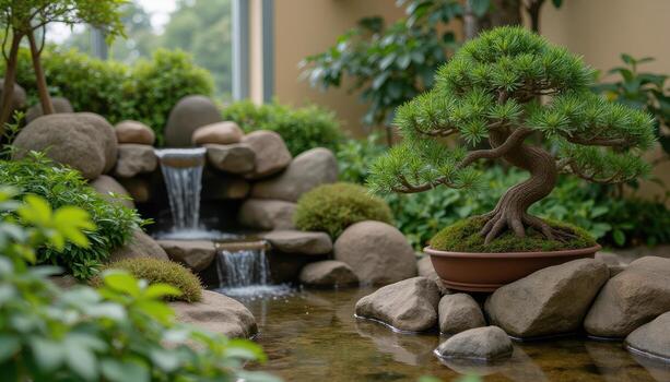 A bonsai tree in a pot with rocks and water photo