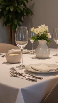 side view of modern fine dining layout, table dressed in white linen and ambient softbox lighting enhancing the shine on silverware and glasses photo