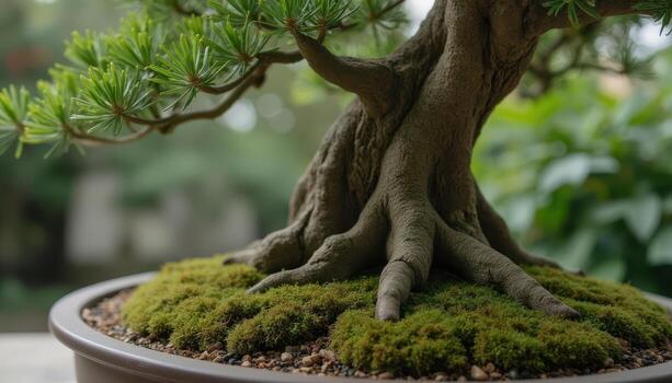 Bonsai tree in pot with moss on top photo