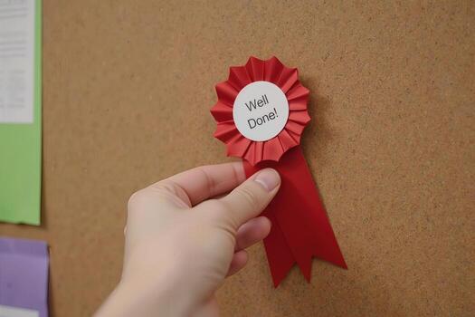 Hand holding a red ribbon with the word we did it on it photo