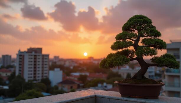Bonsai tree in a pot on a balcony at sunset photo