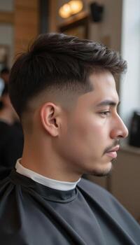 20250622041509lista 58 perfil ver de un masculino cliente sentado, el Corte de pelo parcialmente hecho, con borde Encendiendo destacando pelo textura y dando el imagen un sentido de progresión. foto