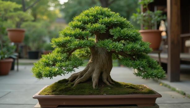 Bonsai tree in a pot on a patio photo