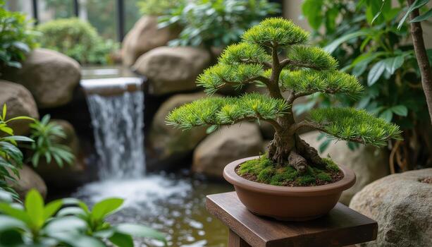 A bonsai tree in a pot with a waterfall photo