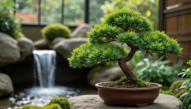 Bonsai tree in a pot with a waterfall in the background photo