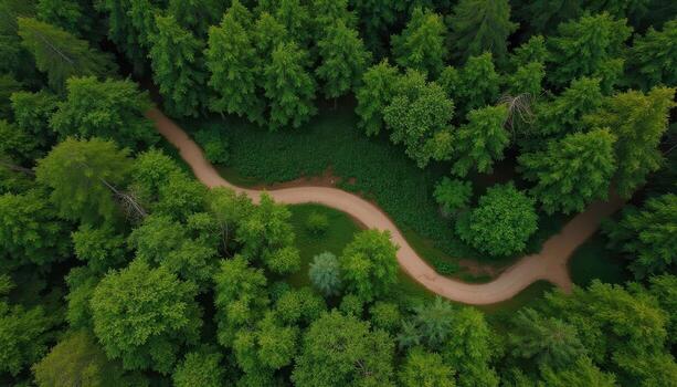 Aerial view of a winding road through a green forest photo
