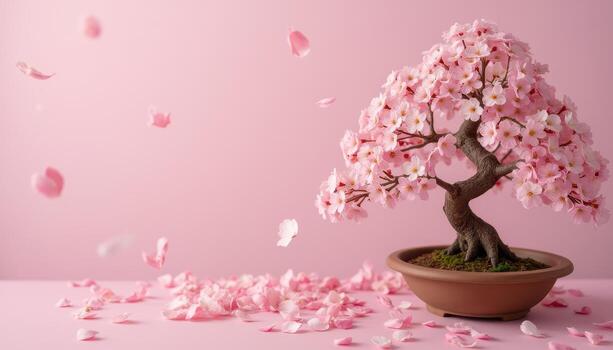 Bonsai tree in a pot on a pink background photo