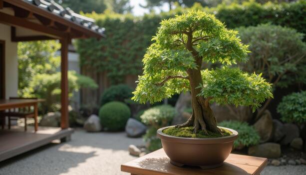 Bonsai tree in a pot on a table in a garden photo