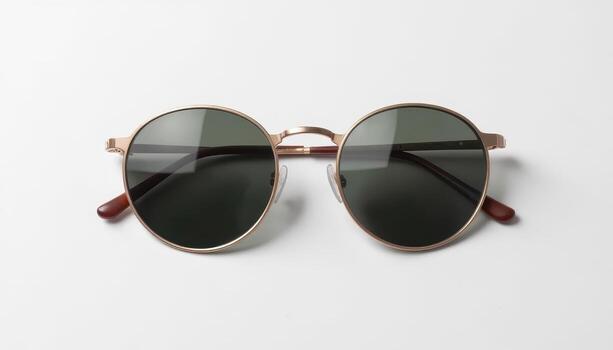 classic round sunglasses with gold frame and dark lenses, isolated on a clean white background with soft natural shadows and sharp product edges. photo