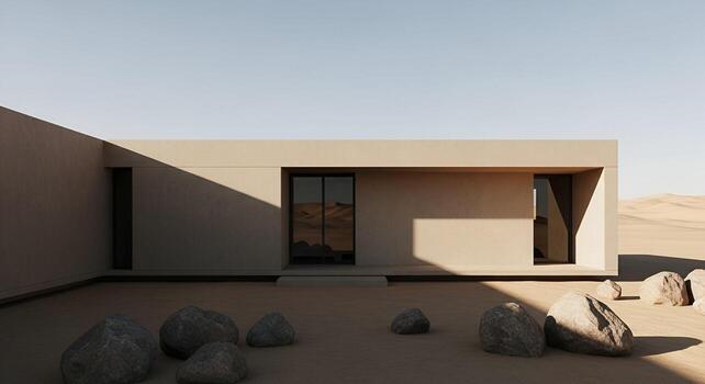 Sleek Minimalist Desert House with Rectangular Form and Large Glass Doors, Set Against a Barren Sandscape with Scattered Stones and Clear Sky in Harsh Afternoon Light photo