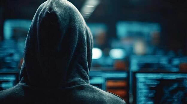 Hacker in hoodie working on multiple computer screens photo