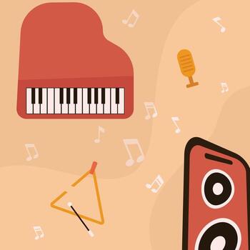Poster Displays a piano microphone speaker triangle and music notes on a peach background. vector