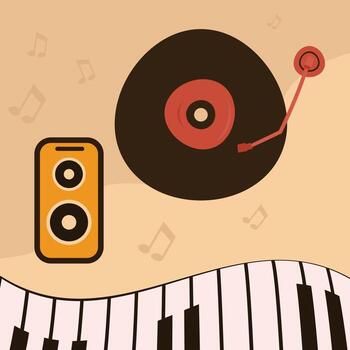 Poster Speaker a record player and piano keys art. vector