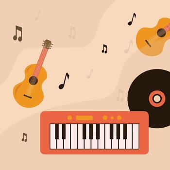 póster guitarra teclado grabar y flotante música notas vector