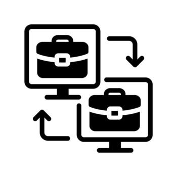 Business Data Transfer and File Sharing, Two Computer Monitors with Briefcases Connected by Arrows, a Concept for Digital Workflow, Remote Collaboration, and Data Synchronization. vector
