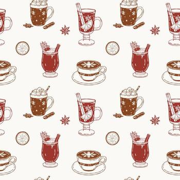 Monochrome seamless pattern of hot festive drinks including latte, mulled wine, cocoa with marshmallows, and eggnog vector