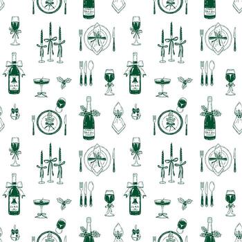 sin costura modelo de elegante mesa ajuste presentando champán y vino botellas, anteojos, platos, cuchillos, cucharas, tenedores, servilletas, y vela titulares vector