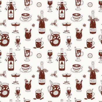 Monochrome seamless pattern featuring festive bar drinks wine and champagne bottles, glasses, mulled wine, cocoa with marshmallows, latte, and eggnog vector