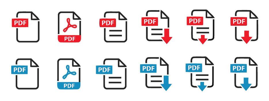 PDF File Icons with Download Arrow in Flat and Outline Style vector