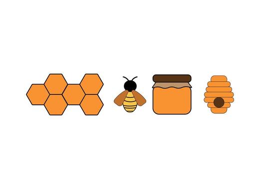 Bee, honeycomb, jar of honey, and hive showcase natural sweetness in a simple vector