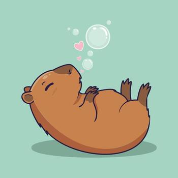 Cute capybara sleeping and dreaming while blowing bubbles and hearts. illustration vector
