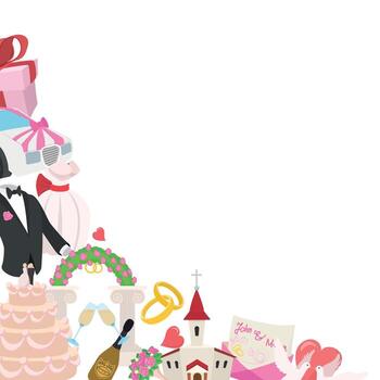 Wedding day icons forming decorative border on white background vector