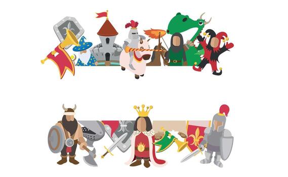 Medieval characters holding weapons and playing music instruments with castle and dragon vector