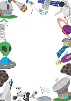 Space exploration frame with rocket, astronaut, alien and telescope vector