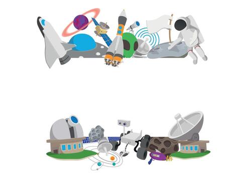 Space exploration with astronaut, rocket, and observatory discovering new planets vector